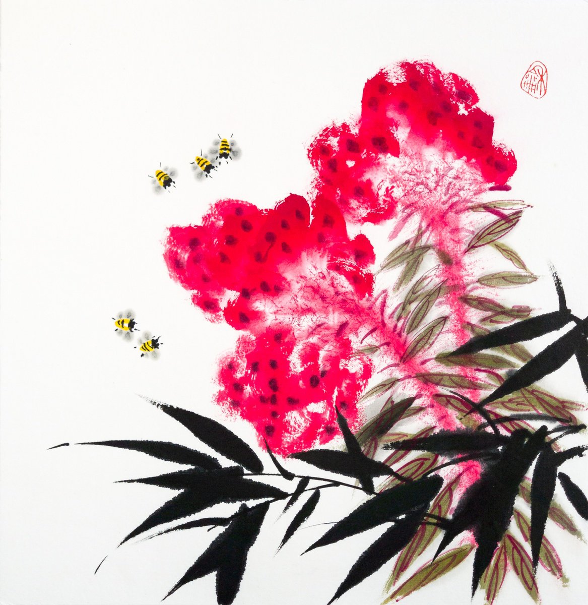 Celosia, bamboo and bees  - Oriental Chinese Ink Painting by Ilana Shechter