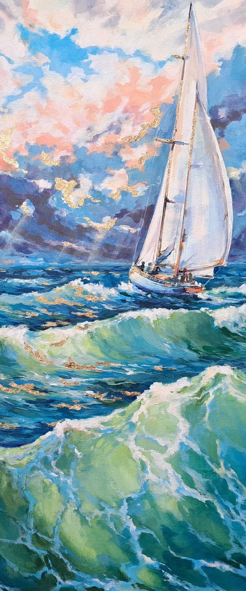 "Sailing into the sun #2", (18x24x1.5") Original, one of a kind, acrylic and golden leaf on gallery-wrapped canvas impressionistic style painting by Alexander Koltakov