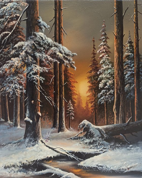 Winter in a forest  (24x30cm, oil painting, ready to hang)