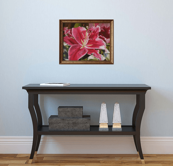 "Oh, lily ..."  pink red flower lily liGHt original painting  GIFT (2021)