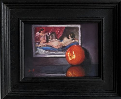 Velázquez & Nectarine Still Life original oil realism painting, with wooden frame. by Jackie Smith