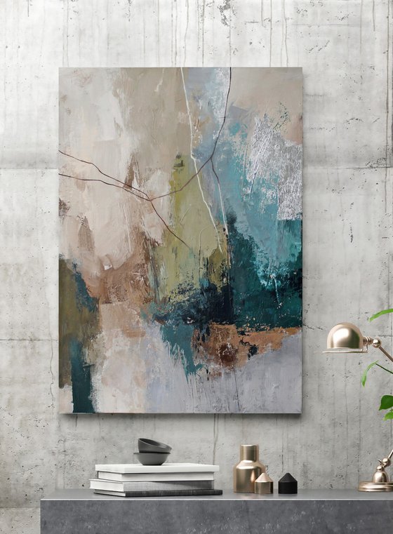"Fall 3" Abstract acrylic teal green art