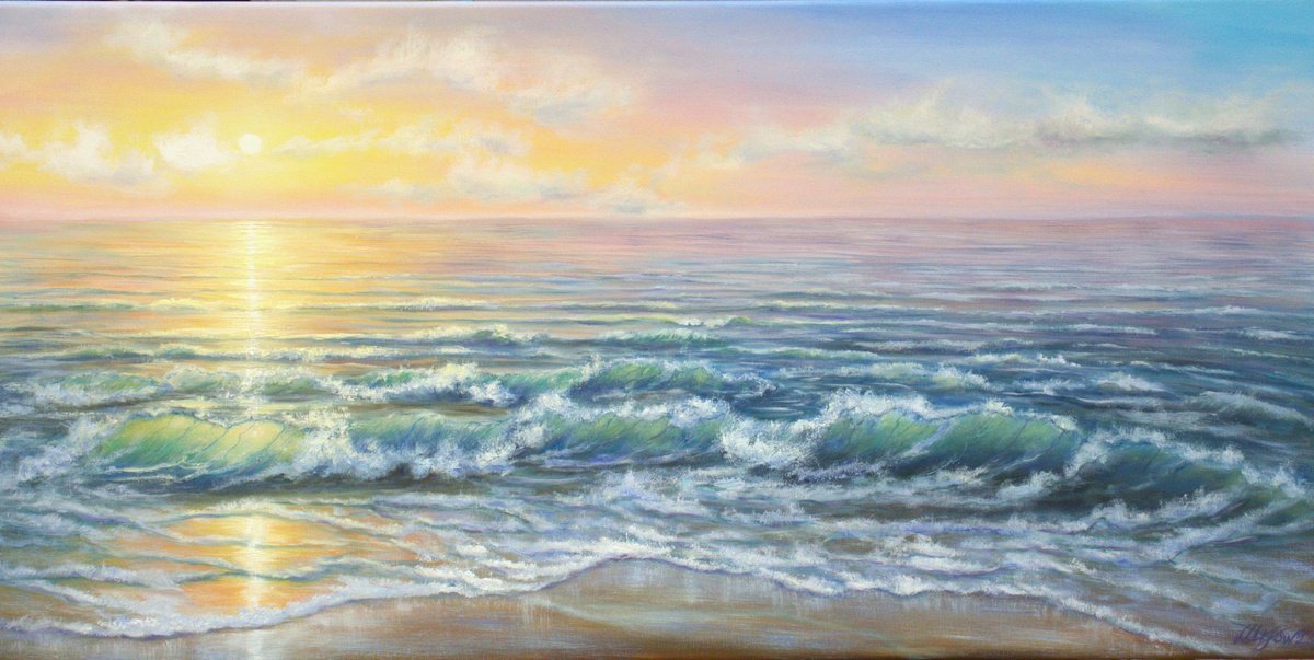 Expressive Landscape Oil Painting By Ludmilla Ukrow, 39 X 20", Ocean Sunset 3, Original Artwork
