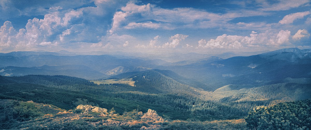 Impressionistic Landscape Photograph By Valerix, 39 X 17", White Clouds Over Horizon., Original Artwork