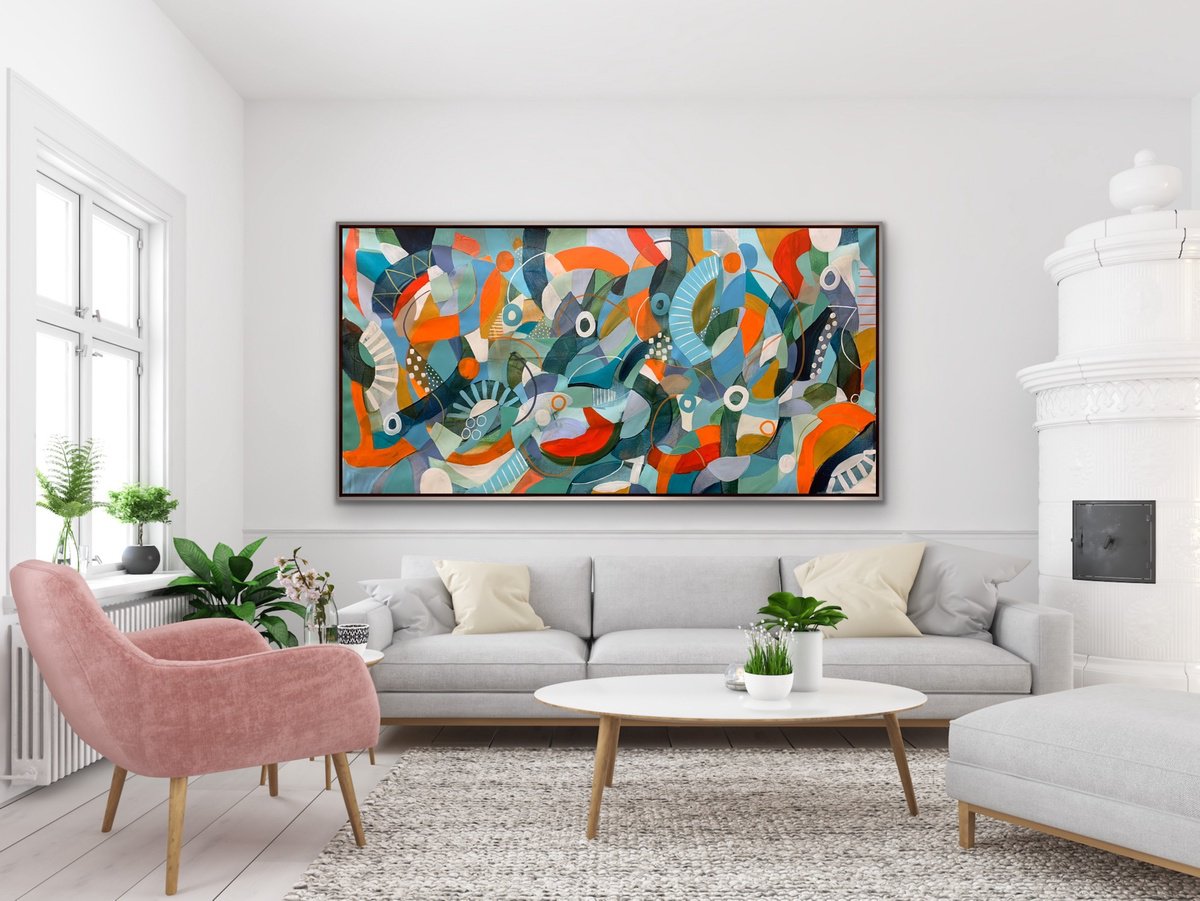 Organic Abstract Acrylic Painting By Rashna Hackett, 72 X 37", Autumn Breeze, Original Artwork