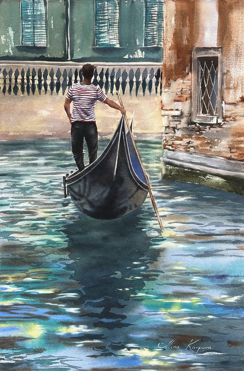 Impressionistic Cityscapes Watercolour By Alina Karpova, 15 X 22, Gondolier, Original Artwork