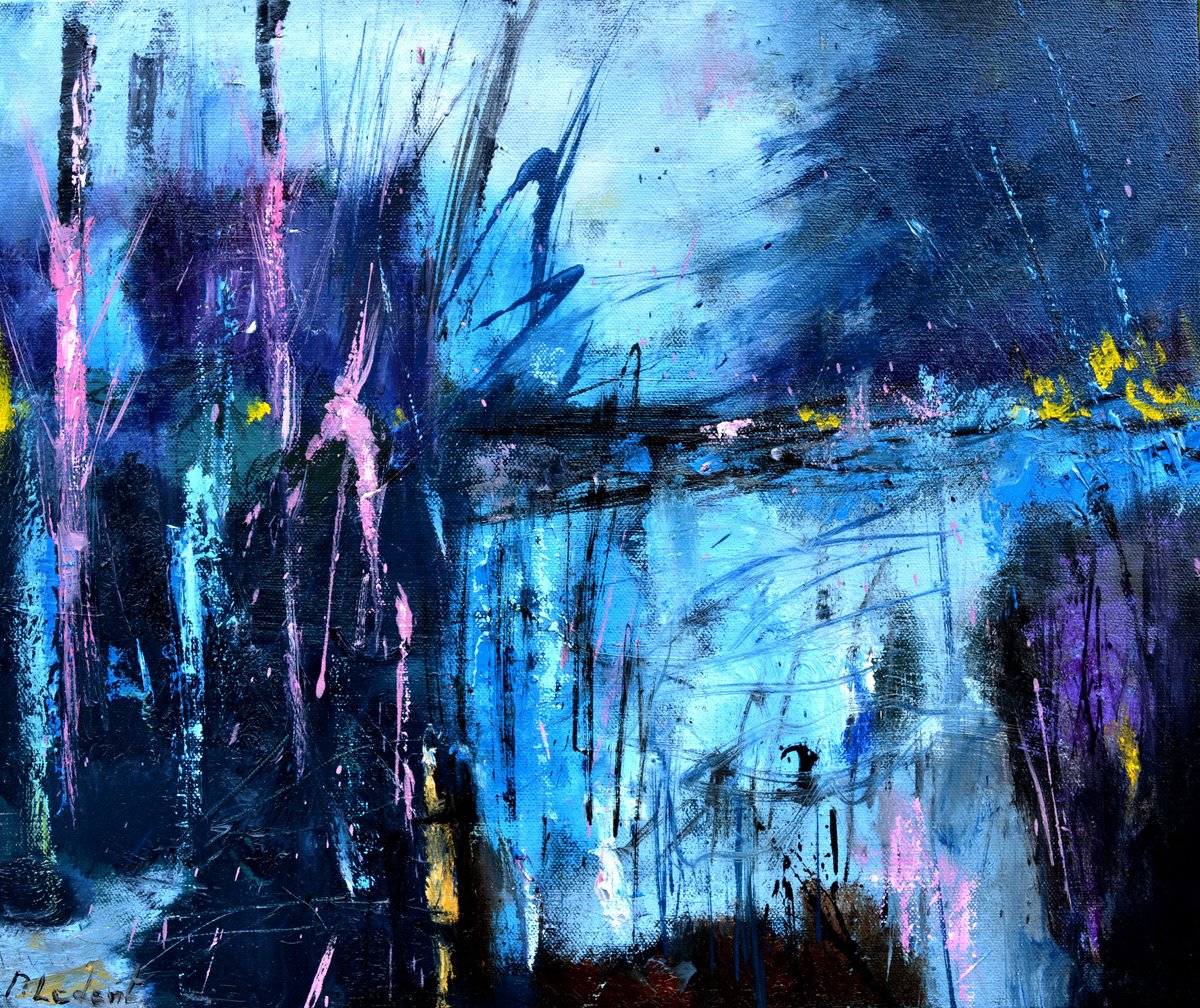 Abstract Oil Painting By Pol Henry Ledent, 24 X 20", Echoes In Cobalt Rain, Original Artwork