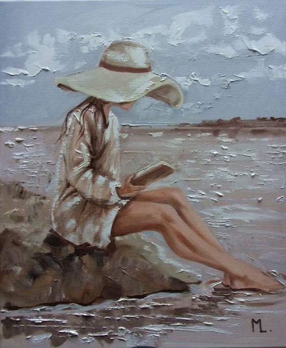 " NICE PLACE TO READING ... "- SKY SEA SAND liGHt  ORIGINAL OIL PAINTING, GIFT, PALETTE KNIFE