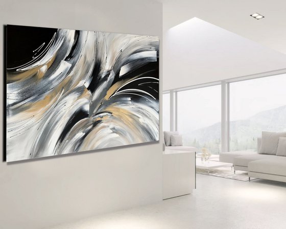 Wild and Free - XL LARGE;  GOLD, BLACK & WHITE ART; MODERN ABSTRACT ART – EXPRESSIONS OF ENERGY AND LIGHT. READY TO HANG!