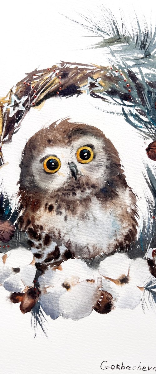 Owl and Christmas wreath #2 by Eugenia Gorbacheva