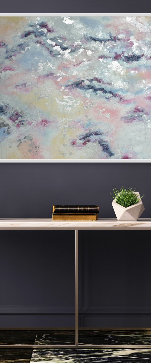 "Somewhere above the clouds" Pastel Abstract Large Painting with Silver Leaf Light Large Artwork 90×60cm by Yulia Pristupa