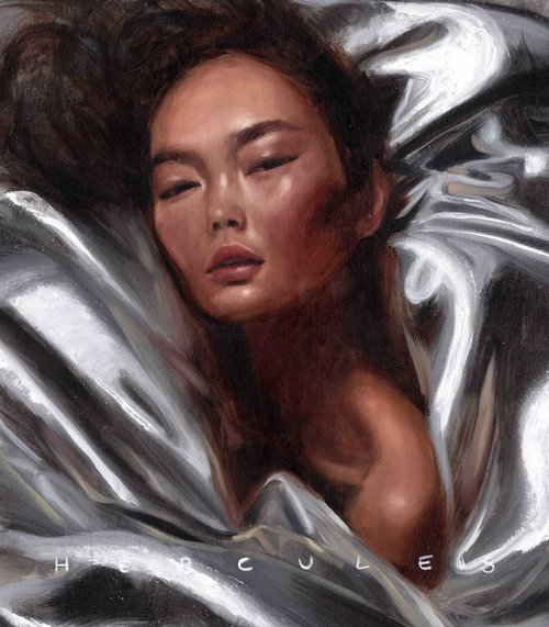 "Silver" Oil painting of asian beauty model wrapped in a shiny silver blanket. by Renske Karlien Hercules