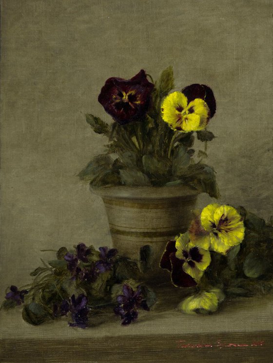 Pansies and violets from my garden, 30x40 cm, oil on canvas, 2018, original classic still life, handmade