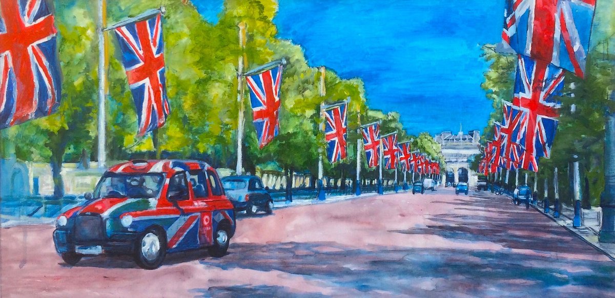 Impressionistic Cityscapes Oil Painting By Patricia Clements, 44 X 24", Union Jack Celebrations In The Mall, Original Artwork