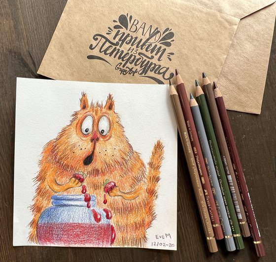 A fat red cat eats strawberry jam. Funny illustration with red cat. Original artwork.
