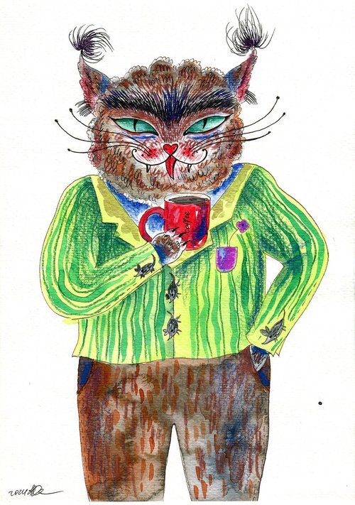 Gentleman cat with a cup of coffee. Cat in an elegant suit by Anna Onikiienko