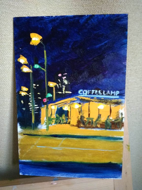 Cafe in the night city. Plein Air Painting