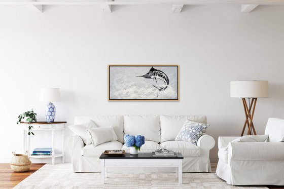 OCEAN SURPRISE II. Large Gray Abstract Painting of Fish Jumping out of the Water