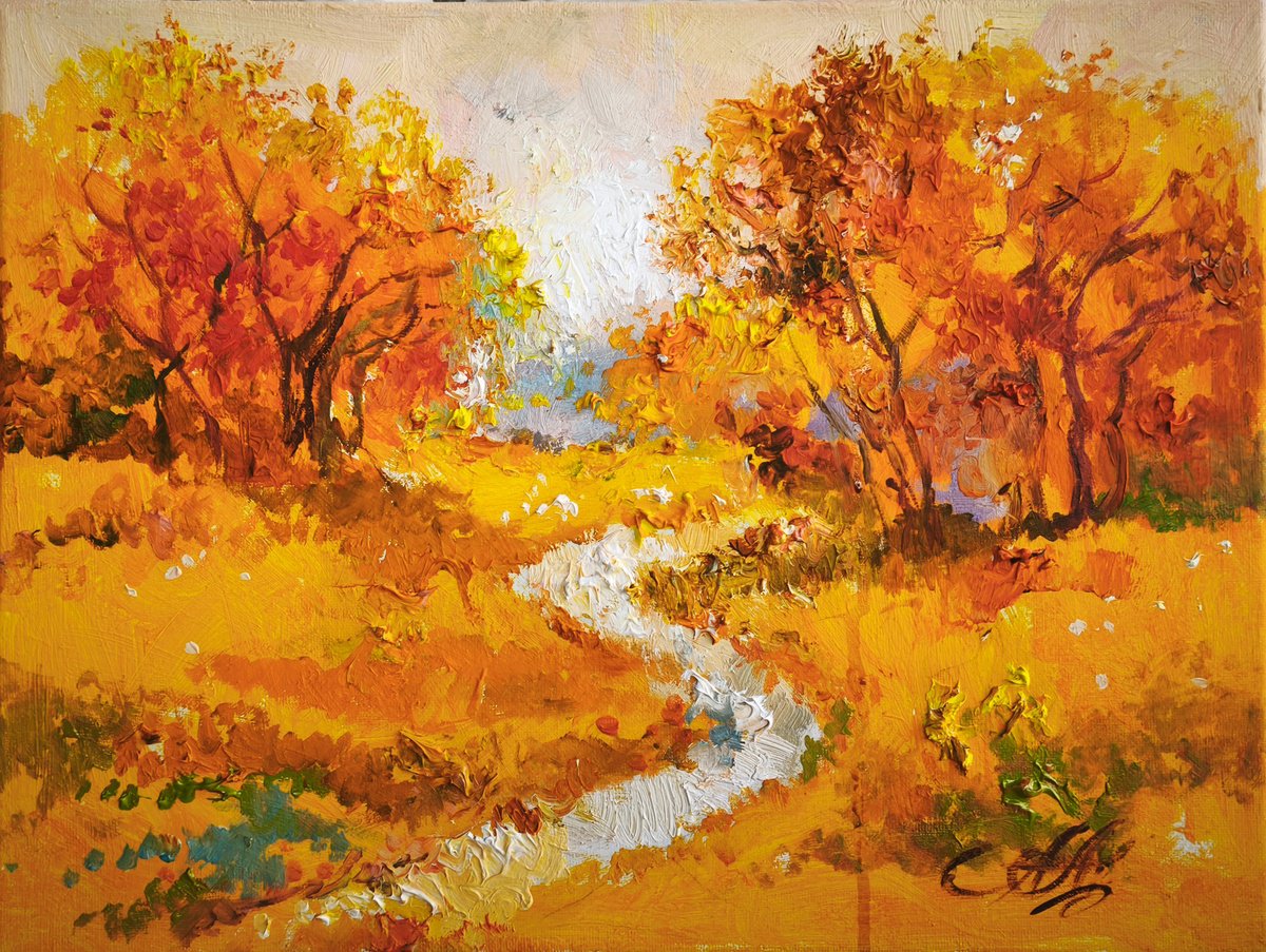 Impressionistic Landscape Painting By Annet Loginova, 16 X 12, Golden Autumn Path, Original Artwork