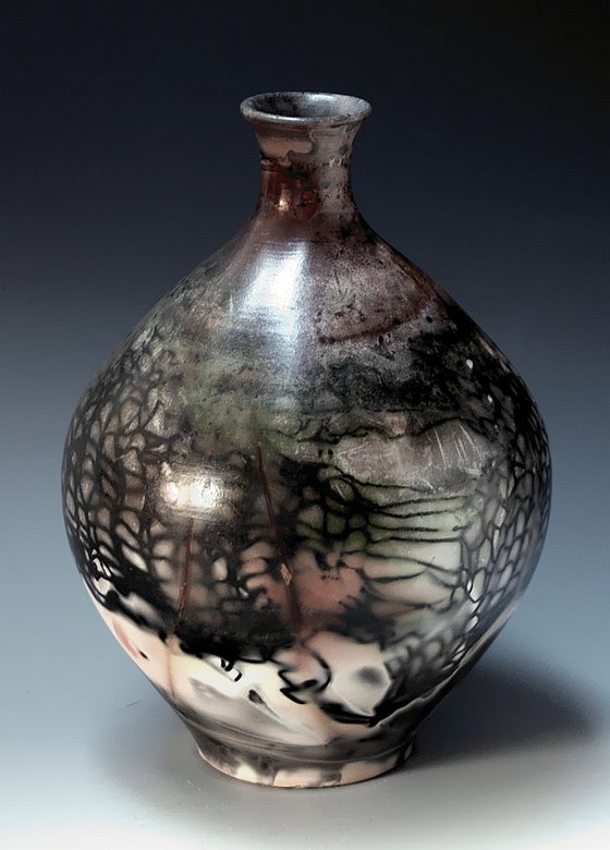 Raku Sagger fired bottle, one of a kind ceramics B137