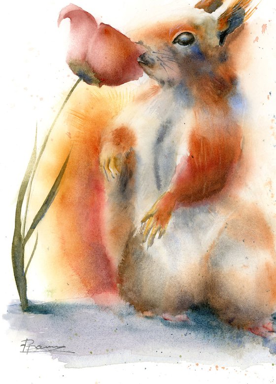 Squirrel smelling flower