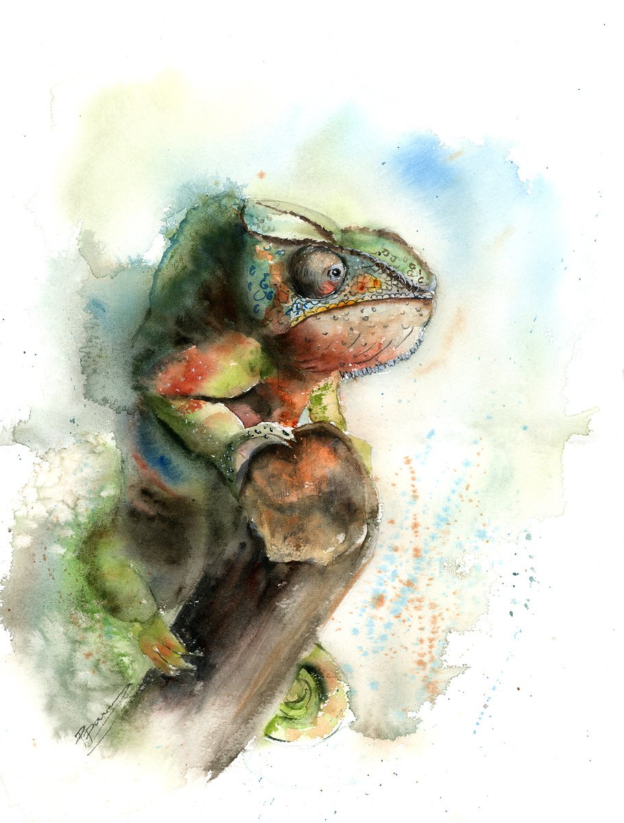 Chameleon - Original Watercolor Painting by Olga Shefranov (Tchefranova)