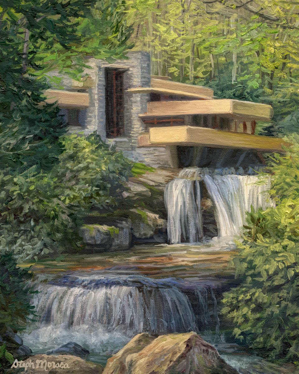 Photorealistic Cityscapes Oil Painting By Steph Moraca, 13 X 15", Fallingwater Splendor, Original Artwork