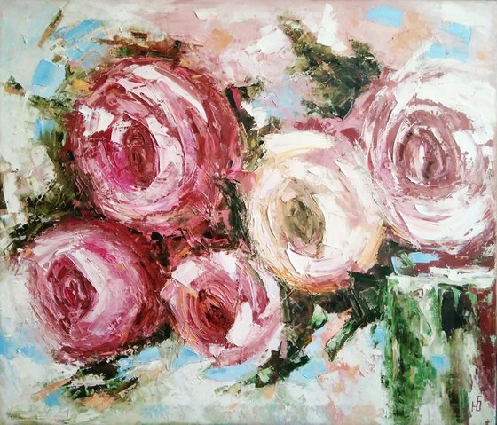 Pink Roses Painting Abstract Floral Original Art Impasto Flower Artwork, 70x60 cm, ready to hang.