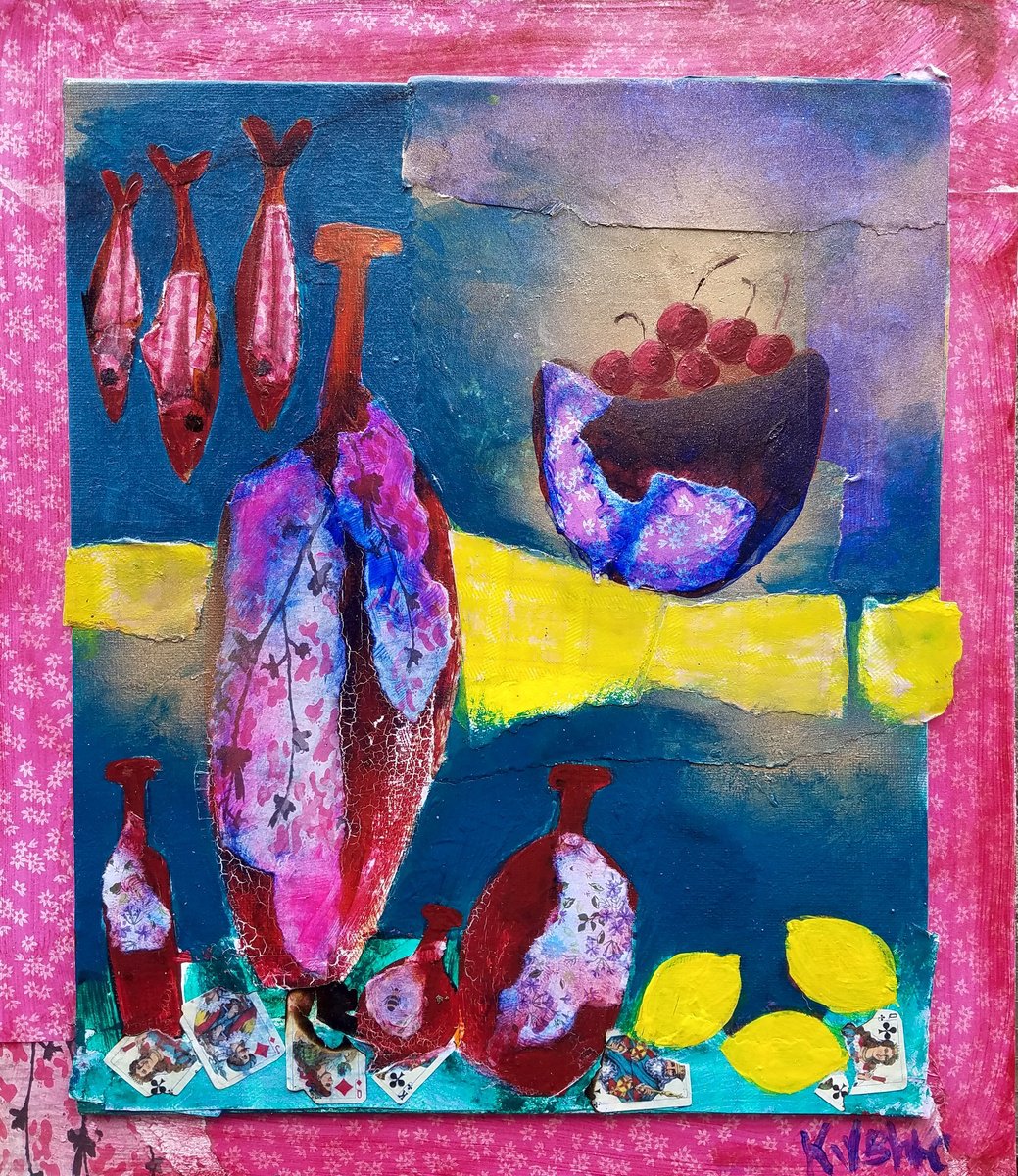 Naive Still Life Painting By Kevin Blake, 12 X 14", Bowl Of Cherries (Ii), Original Artwork