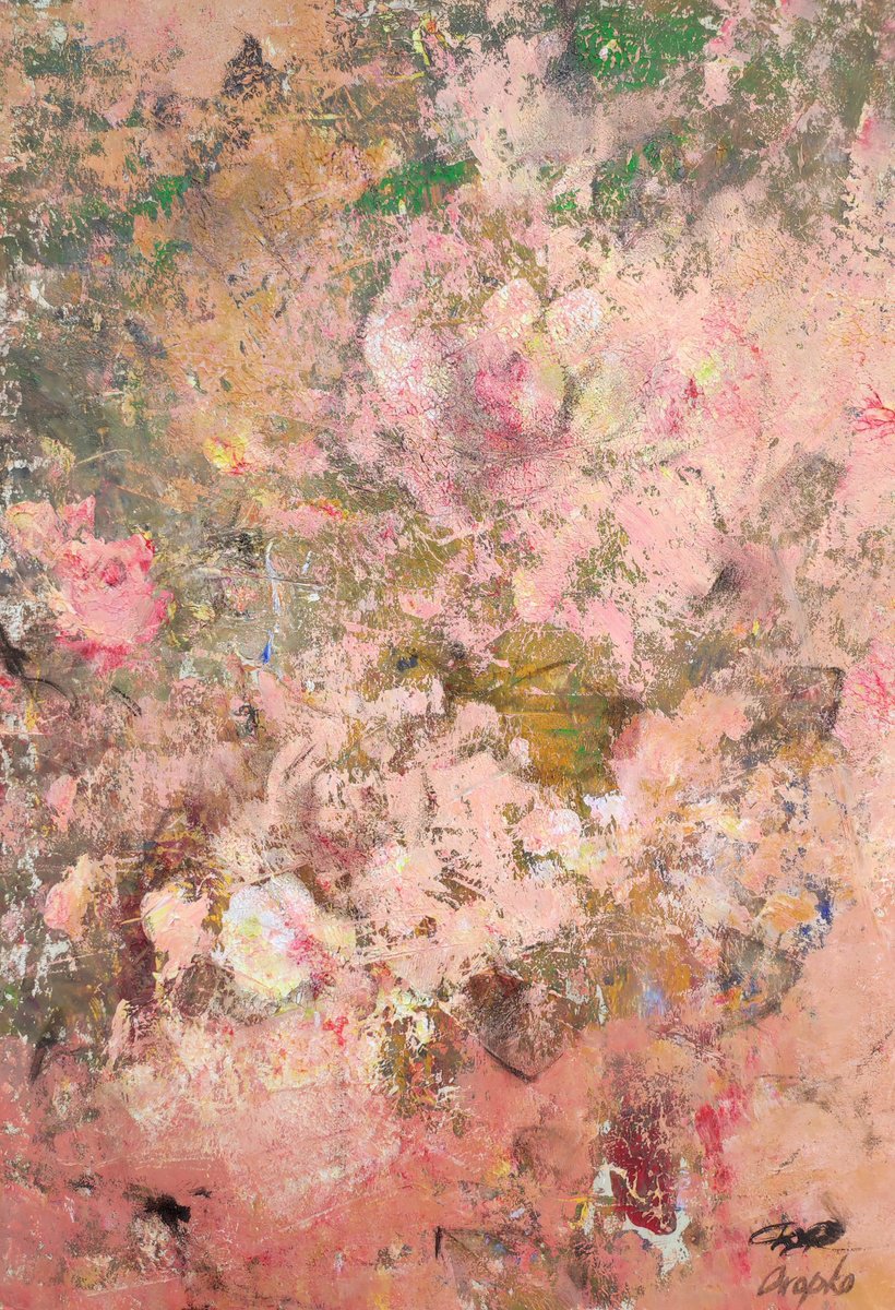 Organic Abstract Painting By Olga Onopko, 13 X 19", Abstract Roses, Original Artwork