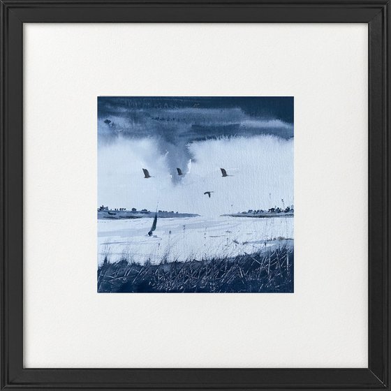 Monochrome - Geese over Estuary, boat