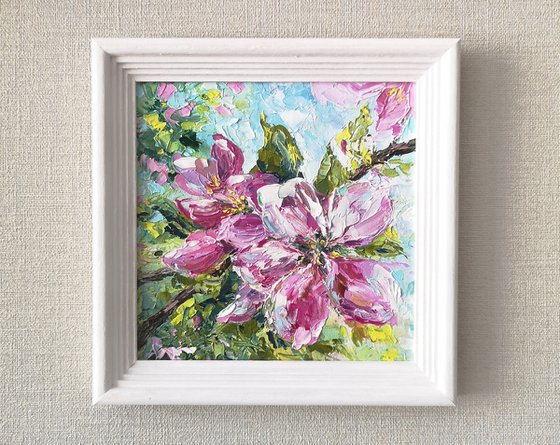 Sakura blossom, pink cherry flowers, small floral painting