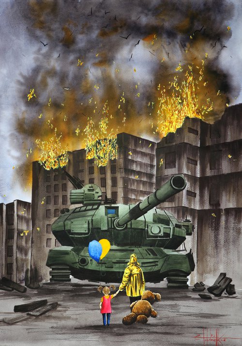"No war" 2022 Watercolor on paper 70x50 by Eugene Gorbachenko