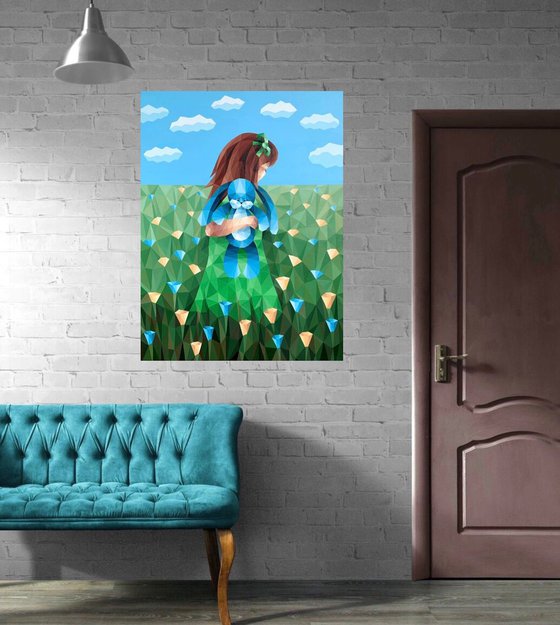 GIRL IN A FLOWER FIELD WITH A BLUE RABBIT
