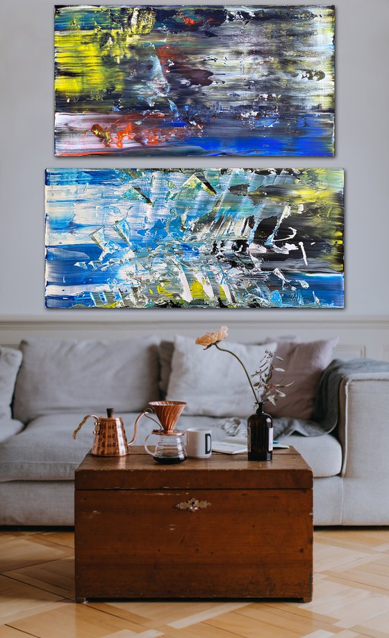 Soul Searching - Original PMS Abstract Acrylic Painting Diptych On Recycled Wood and Wooden Desk Panels - 55" x 54"