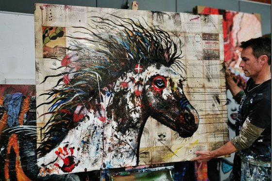 Ahiga War Horse -Spirited 120cm x 150cm Indian War Horse Book Page Urban Pop Art