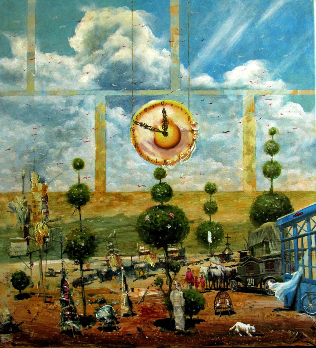 Surrealistic Landscape Oil Painting By Serhiy Roy, 20 X 22", First Settlers.garden Of Eden, Original Artwork