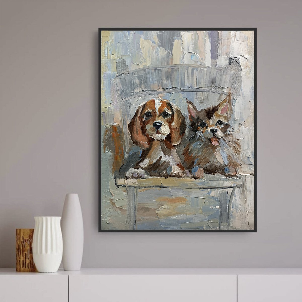 Impressionistic Animal Oil Painting By Vita Schagen, 12 X 16", Puppies In A Garden., Original Artwork