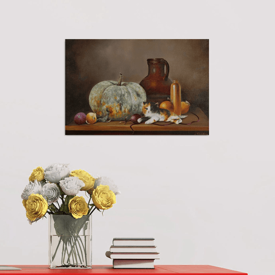 Pumpkin and Kitten Still Life