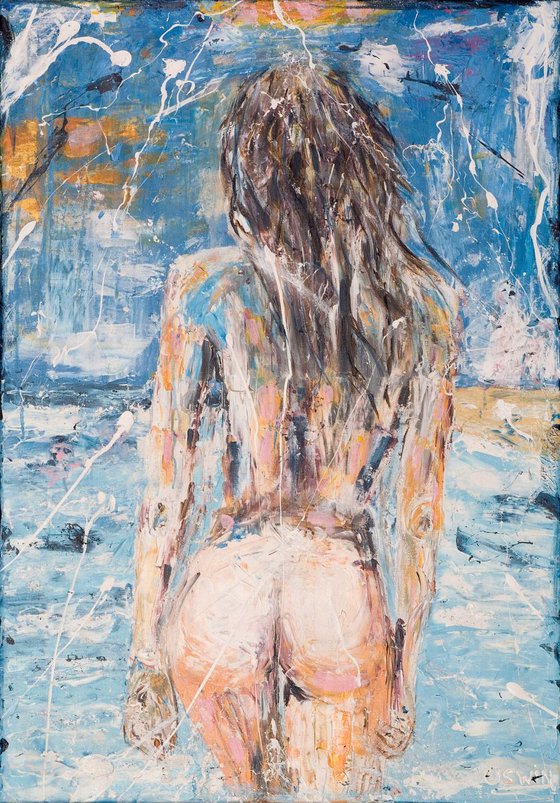Nude: Going for a swim 70 x 100 x 4 cm. Beach female nude sea.