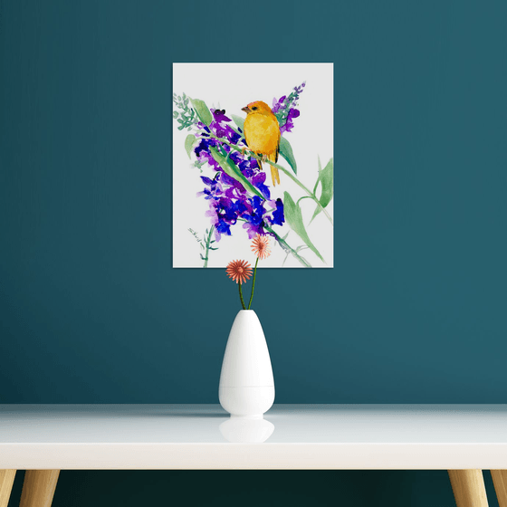 Saffron Finch and Purple Blue Flowers