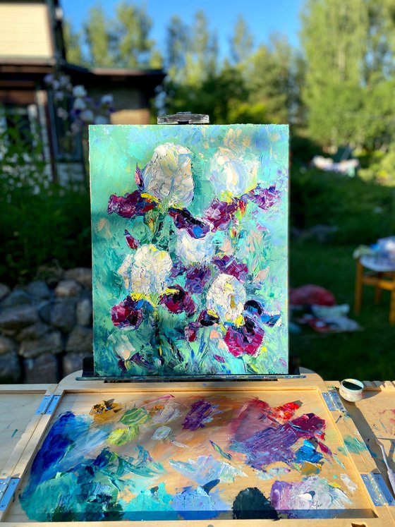 Iris - A pleasure of light, 35*45cm, impressionistic flowers oil painting in violet and turquoise