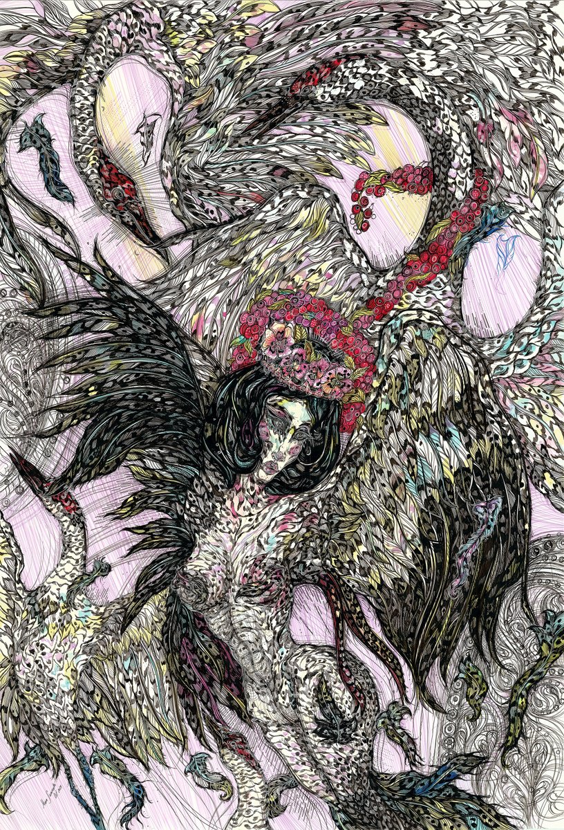 Impressionistic Animal Drawing By Maria Susarenko, 33 X 45", Gamayun. Prophetic Bird, Original Artwork