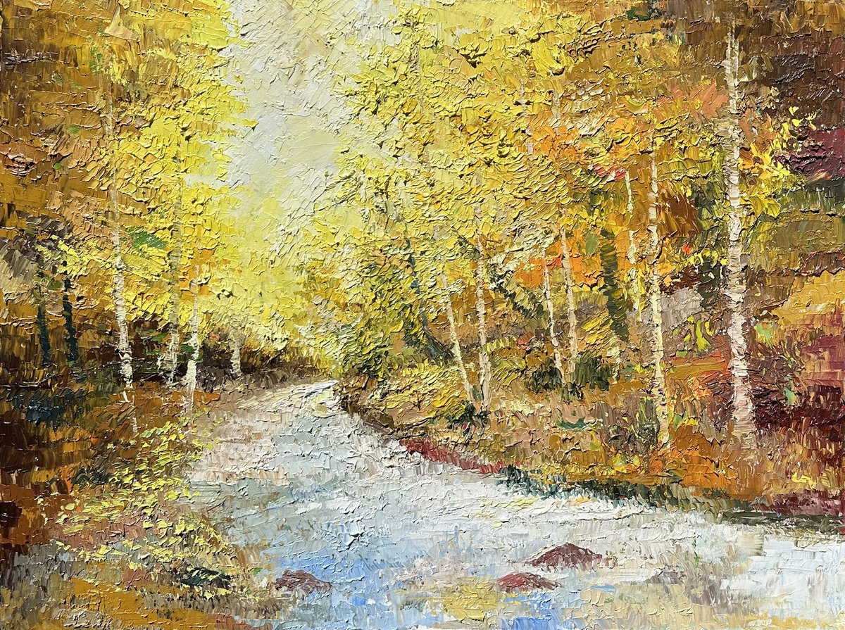 Impressionistic Landscape Oil Painting By Vahe Bagumyan, 31 X 24", Autumn Pathway, Original Artwork