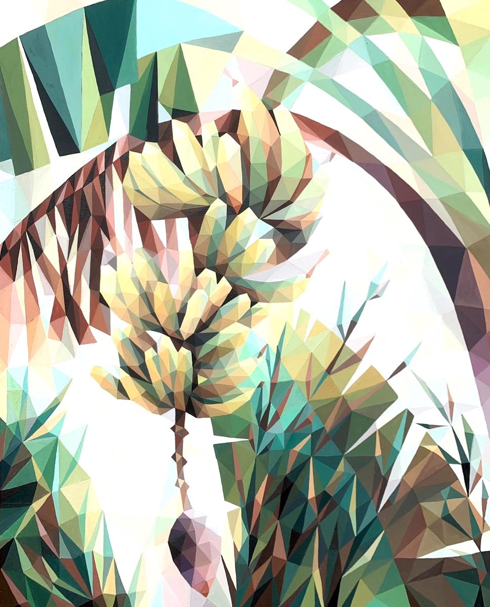 Geometric Landscape Acrylic Painting By Maria Tuzhilkina, 29 X 36", Banana Time, Original Artwork