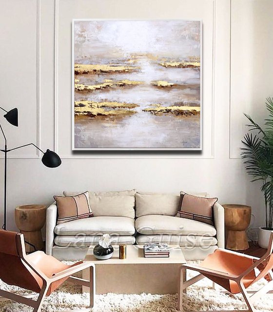 Above the Clouds - Gold White Abstract Painting 32" Sky Abstract, Large Canvas, Gold Leaf, Minimalist Painting