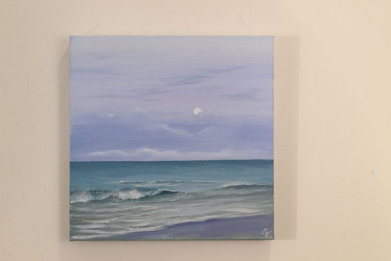 Diamond of the Night, full moon over the ocean painting