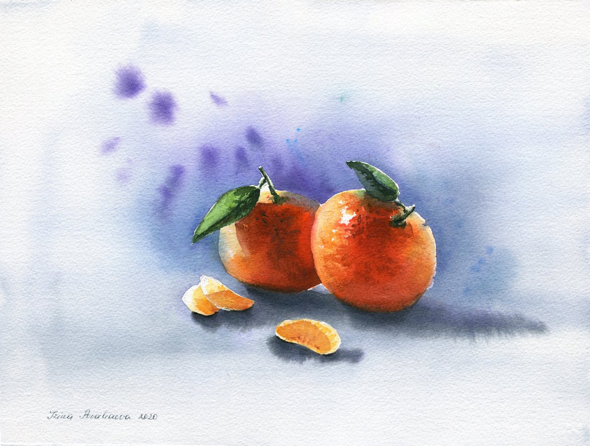 Tangerines original watercolor painting, orange , still life, gift, medium size by Irina Povaliaeva