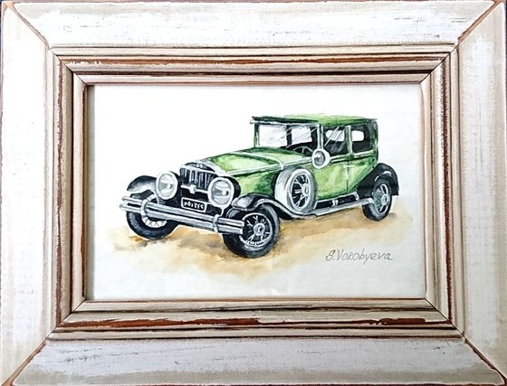 Green car. Watercolor miniature. Part from "Retro cars" series. Framed