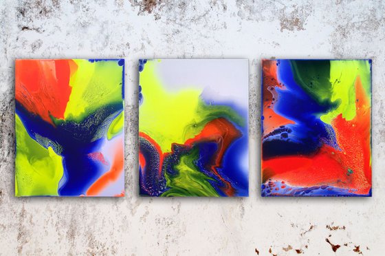 "Electric Kool Aid" - FREE WORLDWIDE SHIPPING - Original Triptych, Abstract PMS Acrylic Paintings Series - 48" x 20"